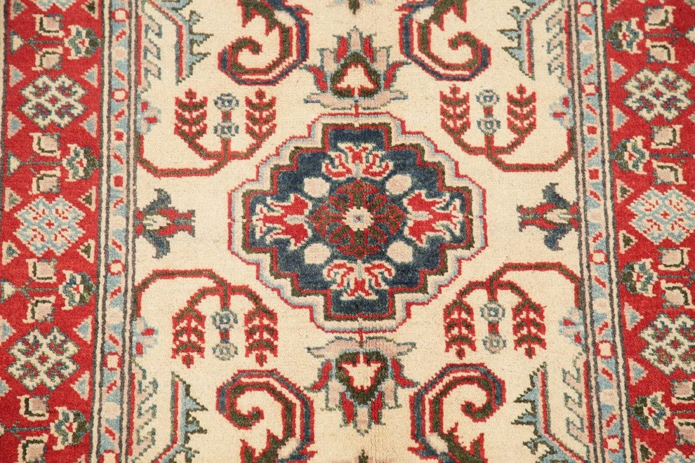 Pakistani Kazak Traditional Oriental Area Rug Hand-Knotted, Beige, 3'8"X2'8"