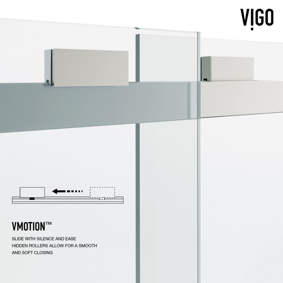 VIGO Houston Frameless Sliding, V-Motion, Stainless Steel, Tub Door, 56" to 60" W X 66" H, Clear Glass