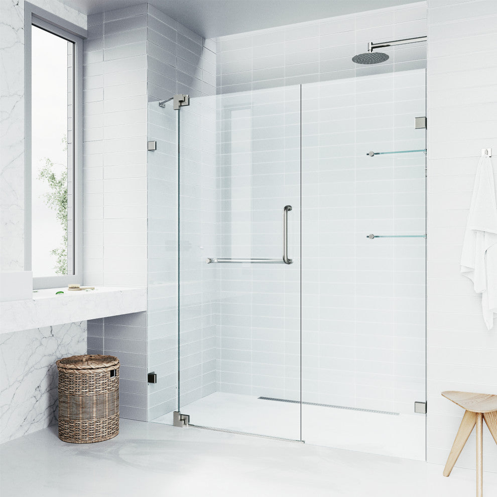 VIGO Pirouette 54" to 60" W x 72" H Frameless Pivot Shower Door, Brushed Nickel, Clear Glass