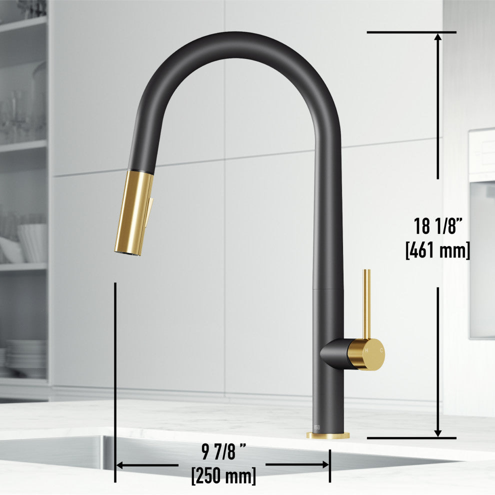 VIGO Greenwich 18" H Single Handle Pull-Down Sprayer Kitchen Faucet, Matte Black/Matte Brushed Gold, No Sensor, Without Extras