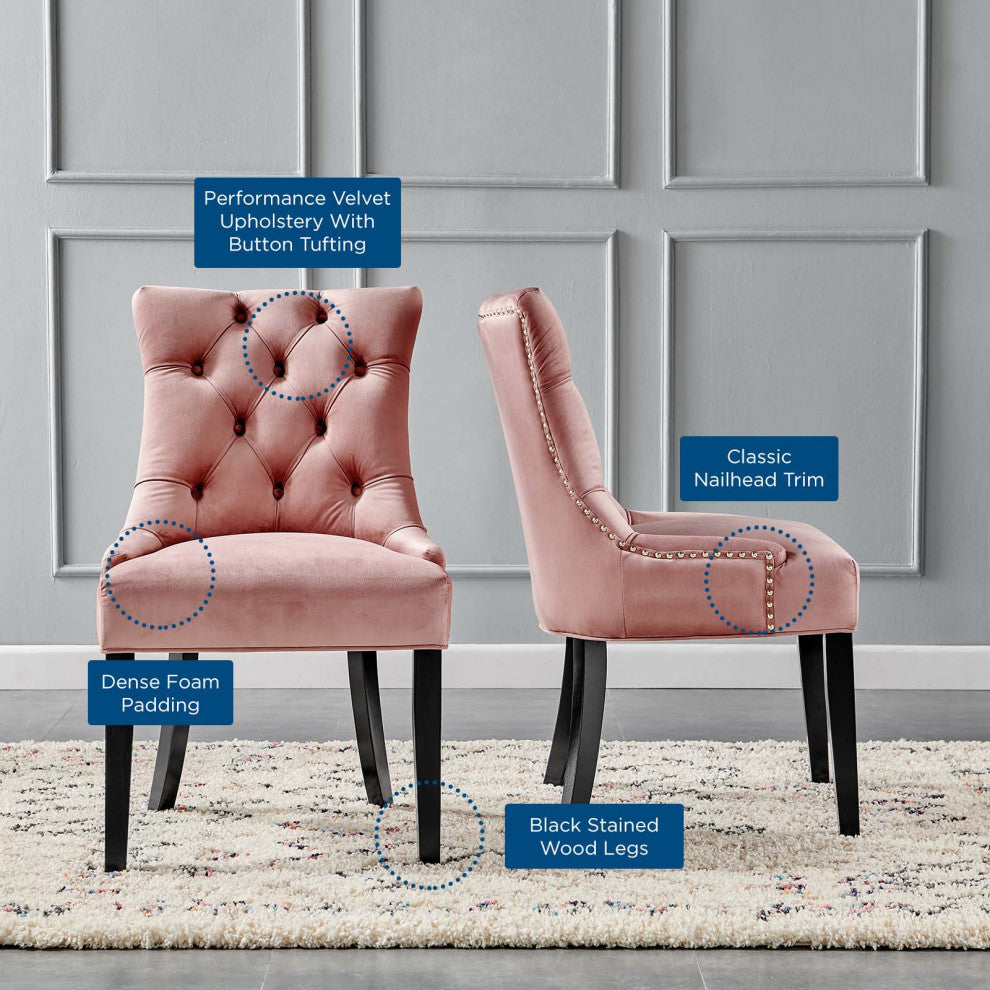 Tufted Side Dining Chair, Set of 2, Velvet, Wood, Pink, Cafe Bistro Restaurant
