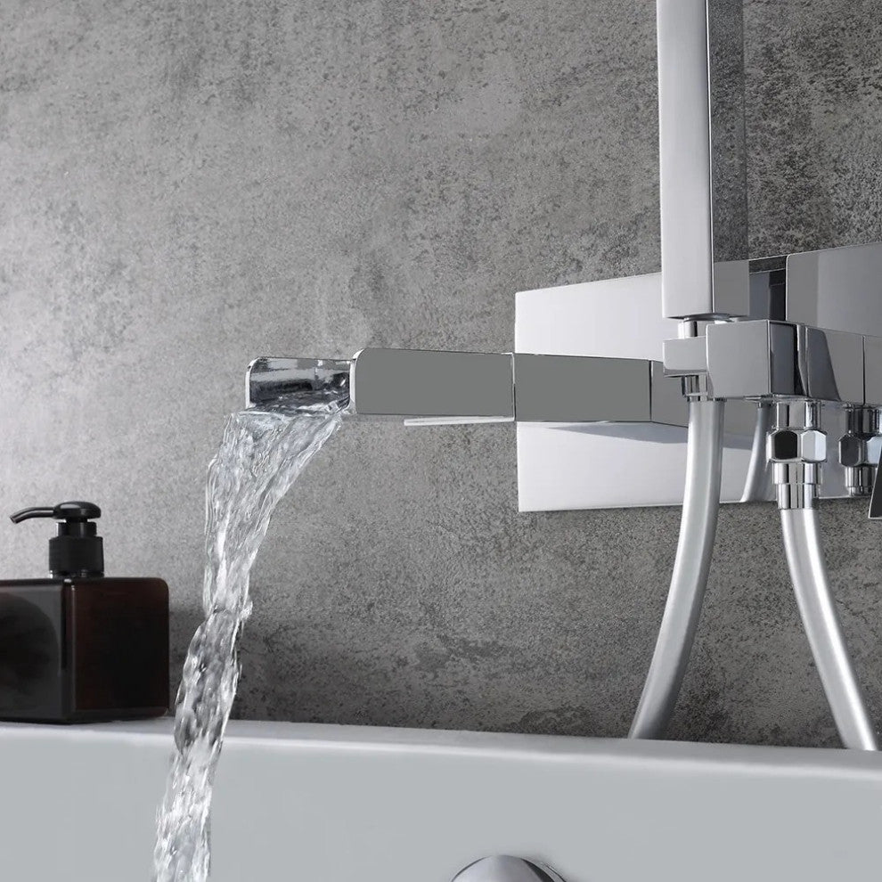 Modern Waterfall Wall-Mount Tub Filler Faucet, Handshower Chrome Solid Brass