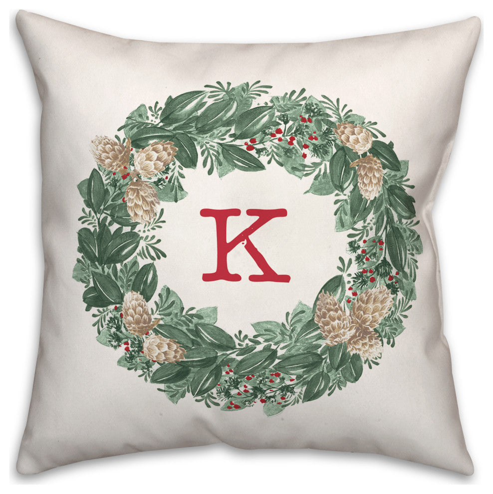 Christmas Wreath Monogram K 18x18 Spun Poly Pillow