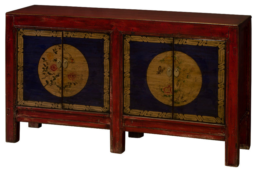 Hand Painted Flower Motif Distressed Red Yellow Blue Chinese Elmwood Sideboard