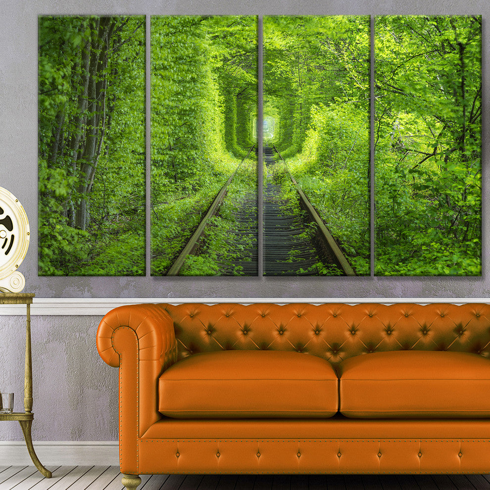 Forest around Rail Way Tunnel, Landscape Canvas Art Print, 48"x28", 4 Panels