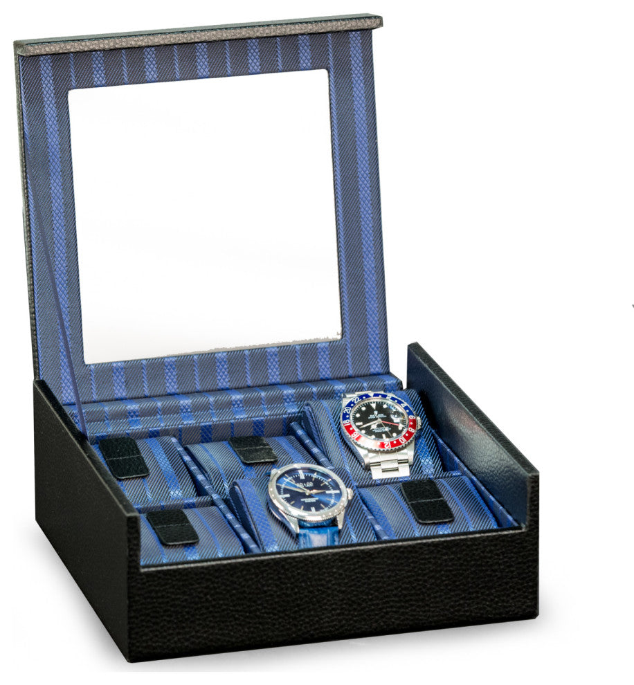 6 Watch Case, Glass Top Black Leather
