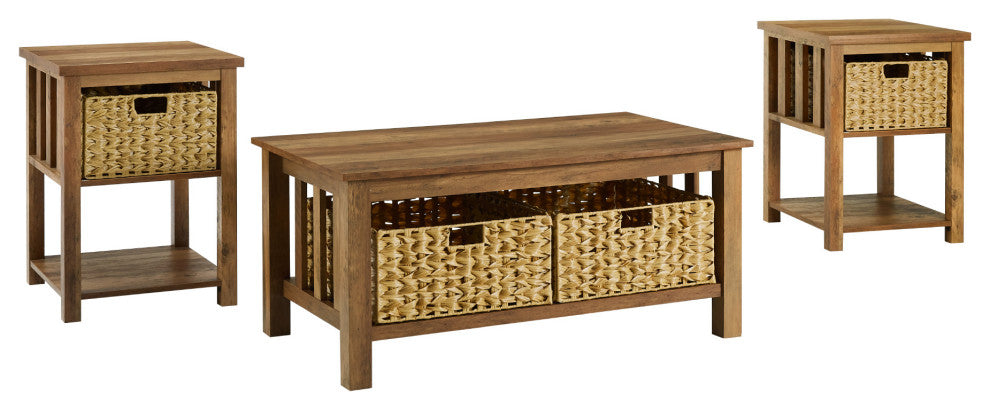 3 Piece Mission Storage Coffee Table and Side Tables - Rustic Oak