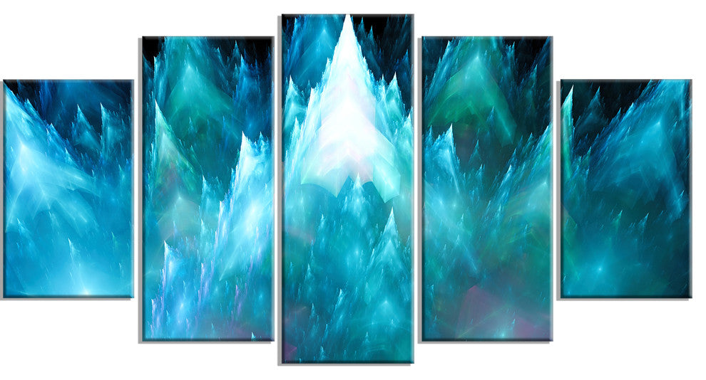 Blue Fractal Crystals Design, Contemporary Canvas Art Print, 60"x32", 5 Panels