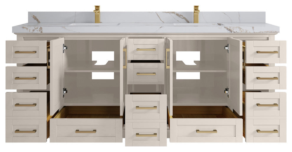 Boston 84" Double Sink Bath Vanity in Fine Grain 2" Calacatta Gold