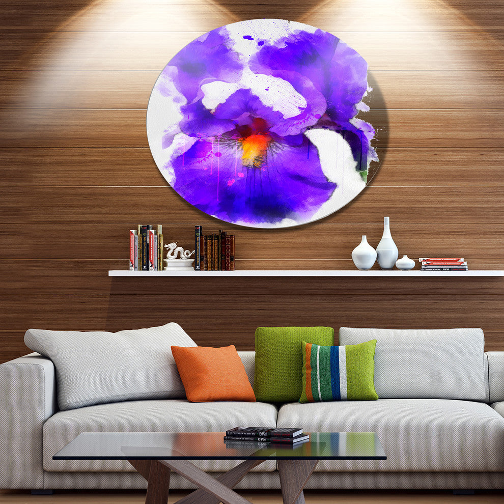 Blue Flower And Watercolor Splashes, Floral Round Metal Wall Art, 23"