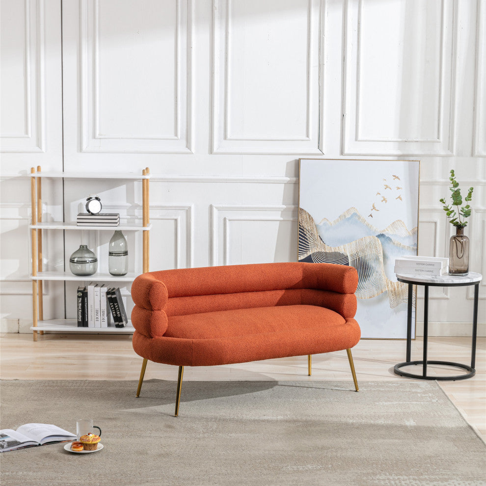 53" Round Arm Settee with Metal Legs, Orange, 53"