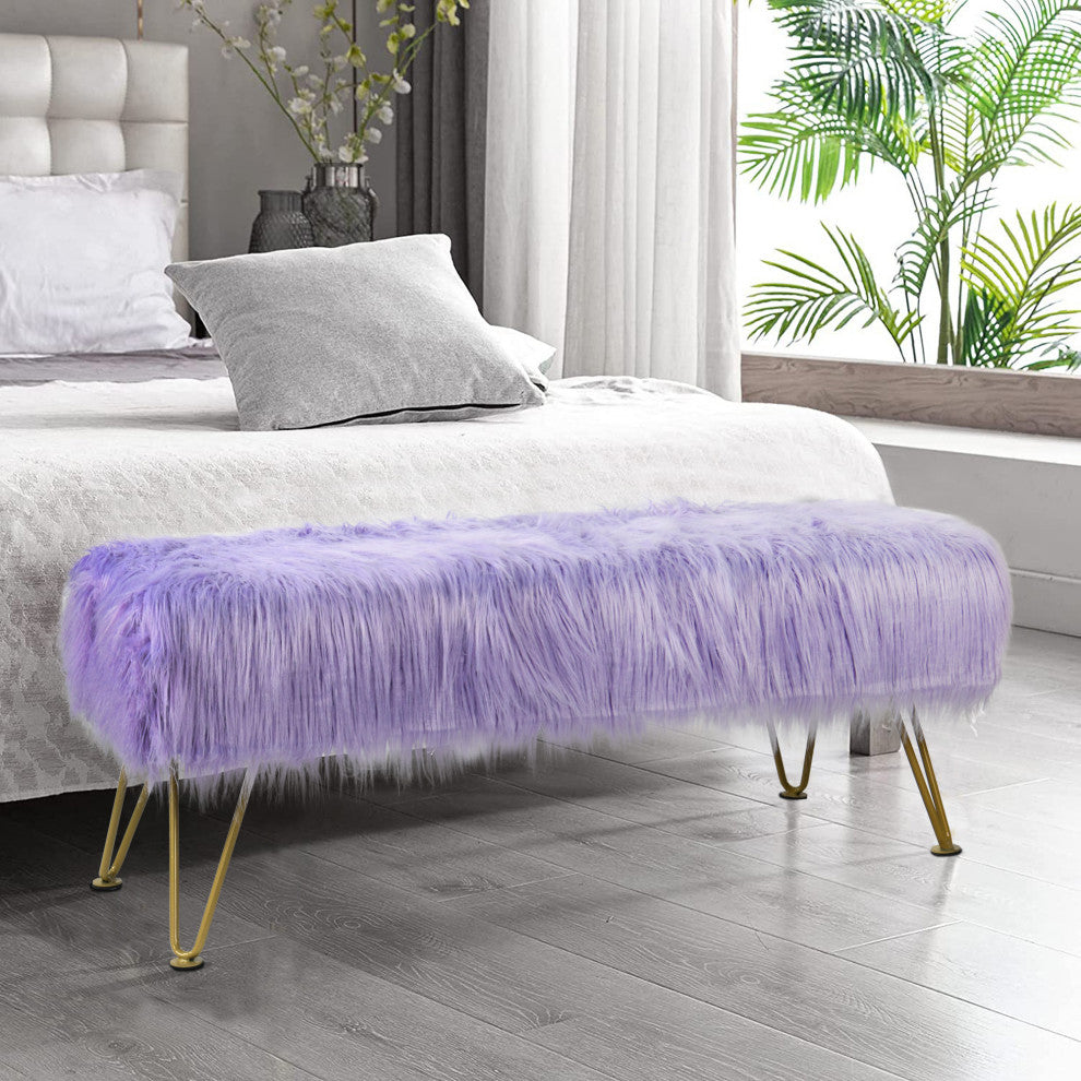 Mongolian Faux Fur Upholstered Ottoman Bench, Lavender, 46x16x22