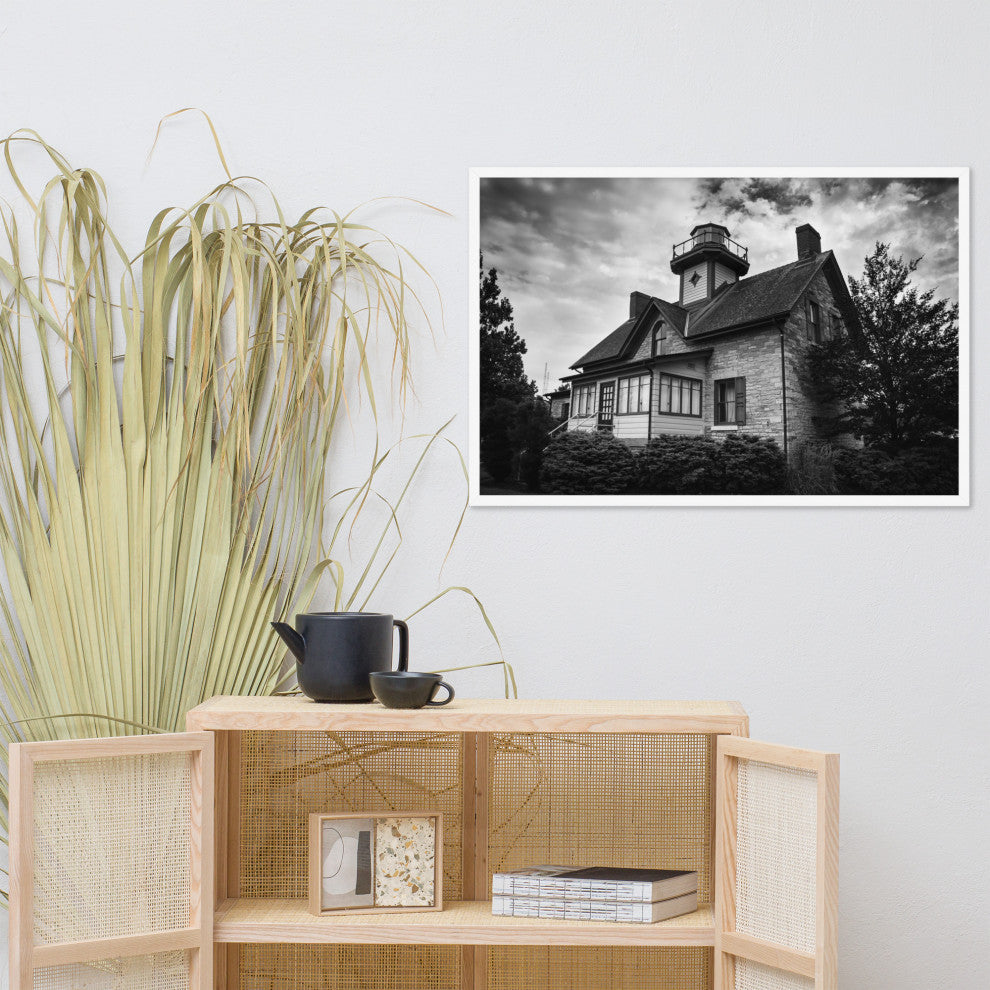 Cedar Point Lighthouse in Black and White Framed Photo Paper Wall Art Prints, White, 24" X 36"