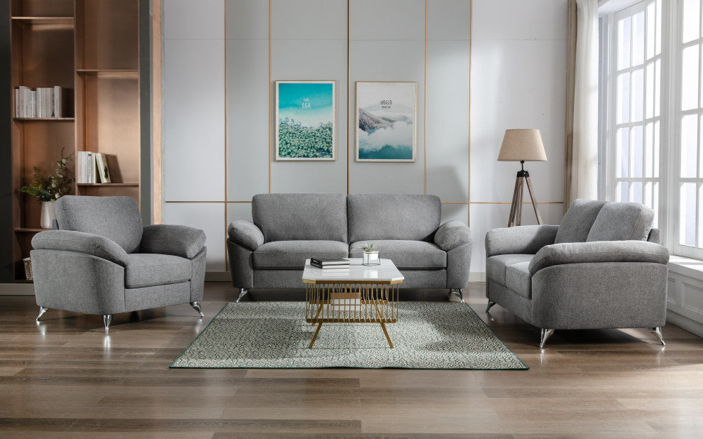 Villanelle Light Gray Linen Sofa Loveseat Chair Living Room Set