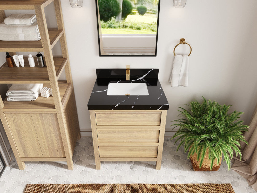 Elizabeth Oak 30" Single Sink Vanity, White 2" Calacatta Black