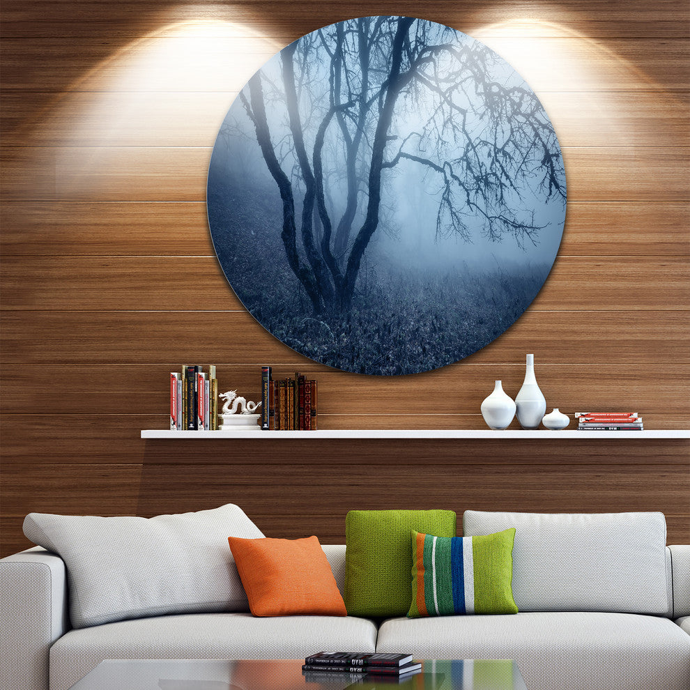 Tree In Foggy Dark Forest, Landscape Photo Disc Metal Wall Art, 11"