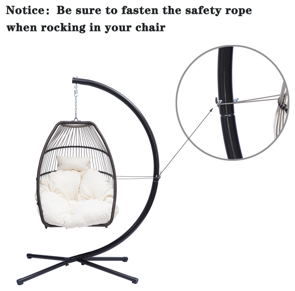 Outdoor Patio Wicker Folding Swing Chair Hanging With Bracket and Cushion Pillow