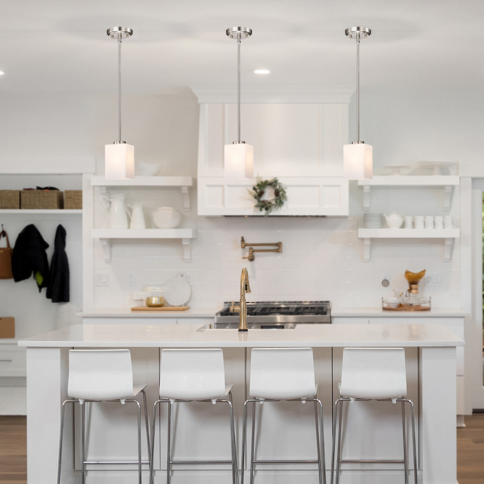 1-Light Brushed Nickel Mini Pendant With Square Shaped White Glass Shade