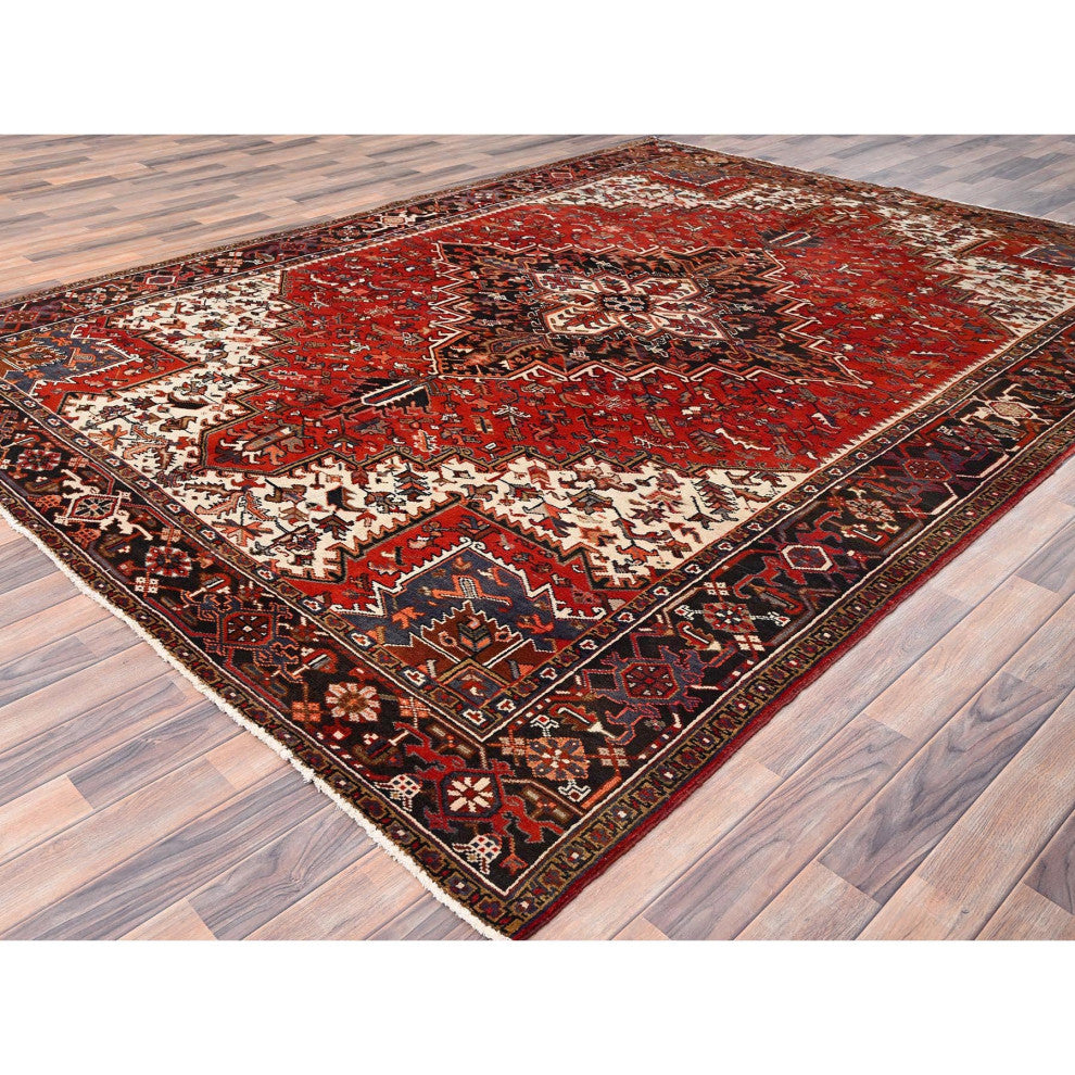 Chili Red Pure Wool Hand Knotted Semi Antique Persian Heriz Rug 8'3"x10'10"