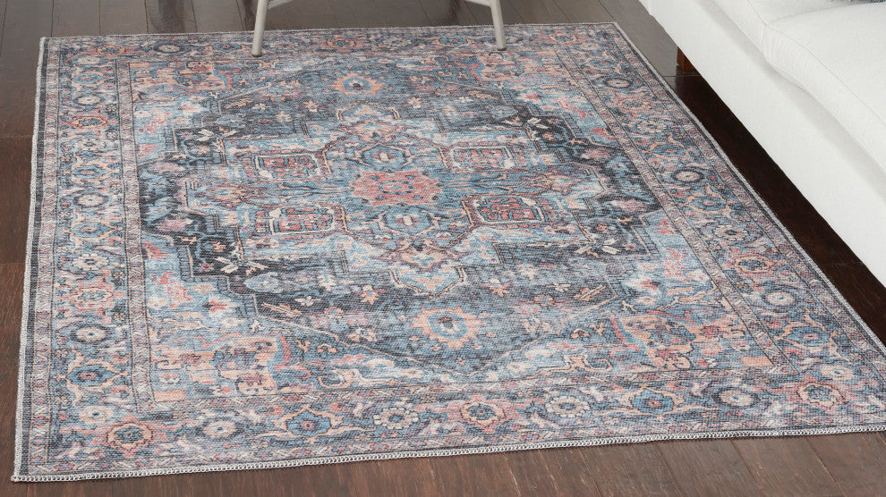 Nicole Curtis Machine Washable Floral Light Blue Multicolor Area Rug, Light Blue Multi, 4' X 6'