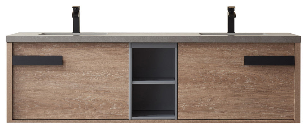 Carcastillo Bath Vanity, Oak With Sintered Stone Top, 72", Without Mirror