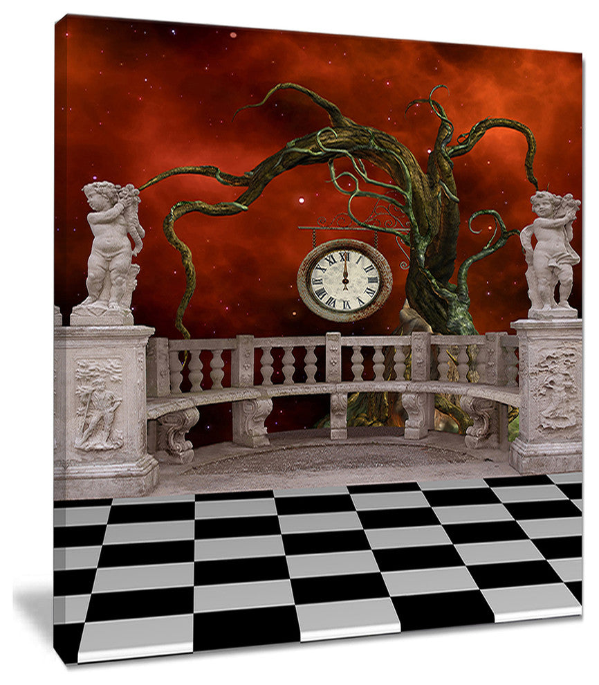 "Balcony With Clock and Tree Angels" Canvas Print, 12"x20"
