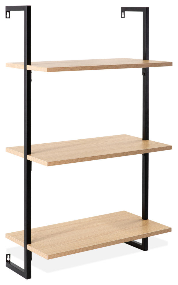 Madera Industrial 3-Shelf Wood Wall-Mounted Open Ladder Bookcase, Metal Frame