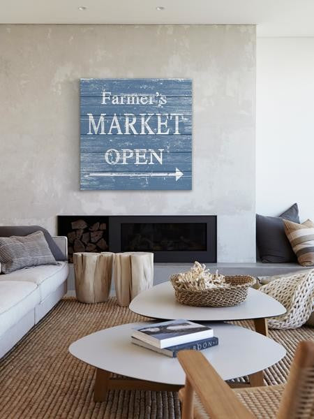 "Farmer's Market Open" Painting Print on White Wood, 32"x32"