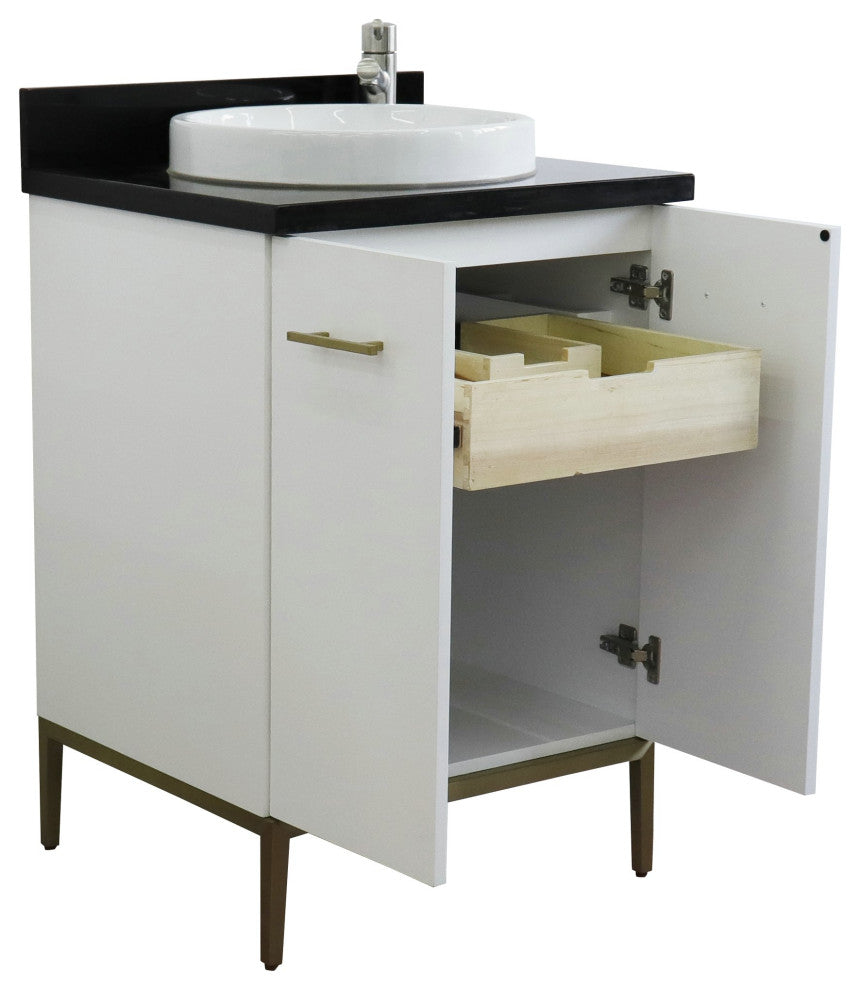 25" Single Sink Vanity, White Finish With Black Galaxy Granite And Round Sink