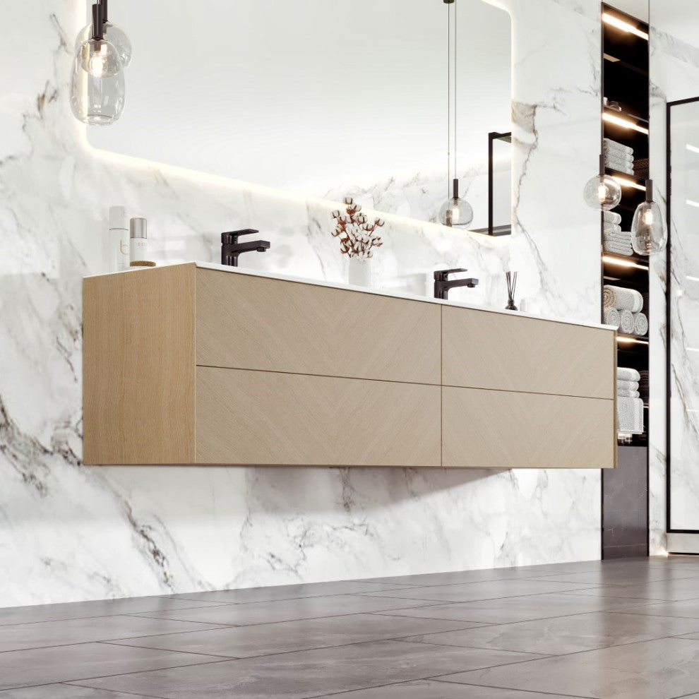 Lotus 71"W Oak Wallmount Vanity With White Solid Surface Int. Double Sink Top