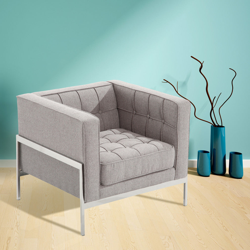 Andre Contemporary Chair In Gray Tweed and Stainless Steel