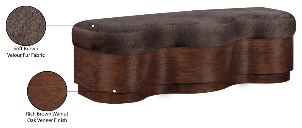 Savoy Upholstered Bench, Brown, Velour Fur Fabric, Walnut Finish