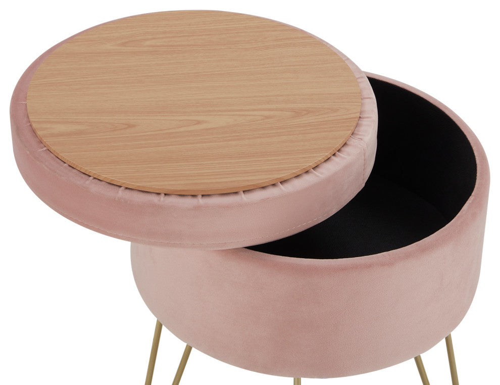 Round Storage Velvet Vanity Stool with Removable Lid, Pink