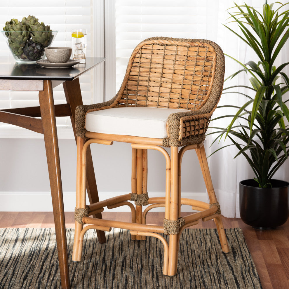 Kyle Modern Bohemian Natural Brown Woven Rattan Counter Stool with Cushion