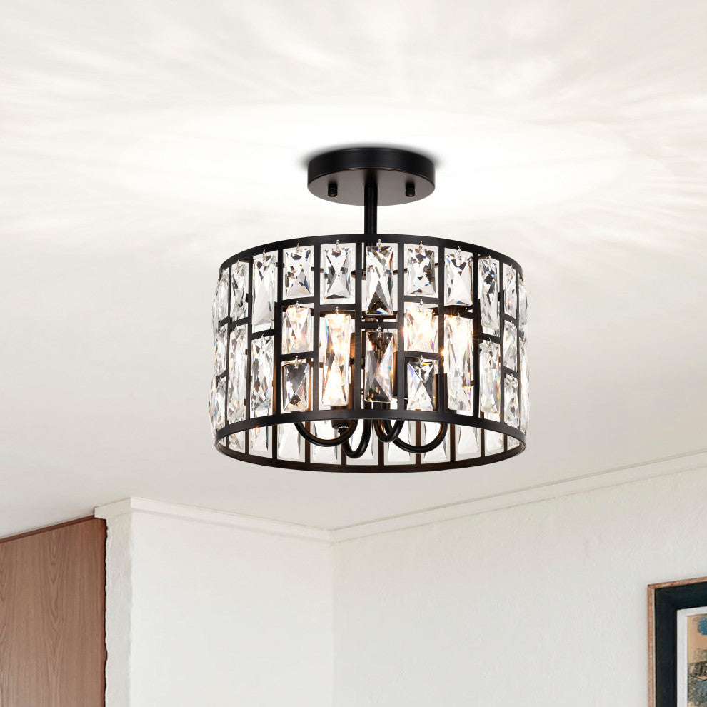 Daisy 4-light Black Crystal Glass Prism Round Drum Shade Flush Mount