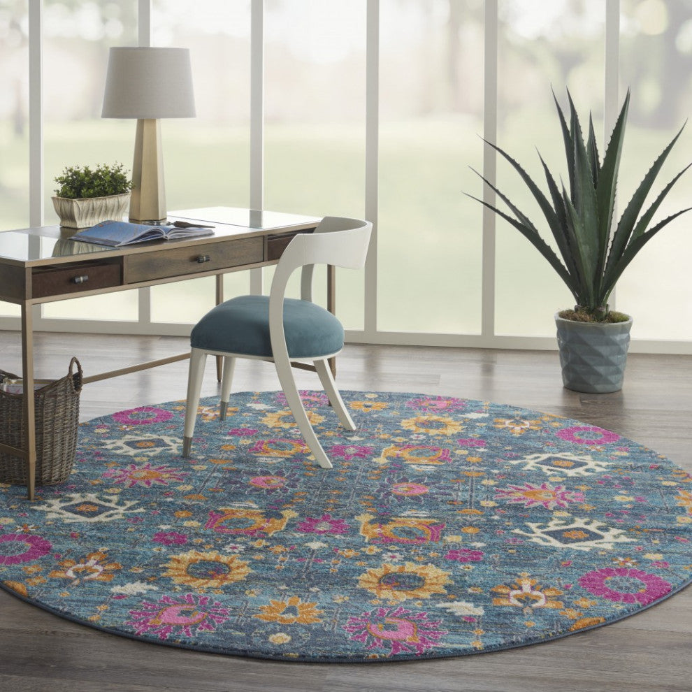 8 Round Denim Blue Florals Distressed Area Rug