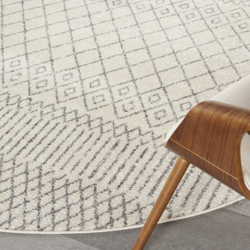 8" Round Ivory and Gray Geometric Area Rug