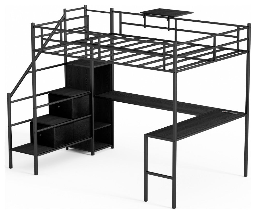 Gewnee Full Size Metal Loft Bed with L-shaped Desk