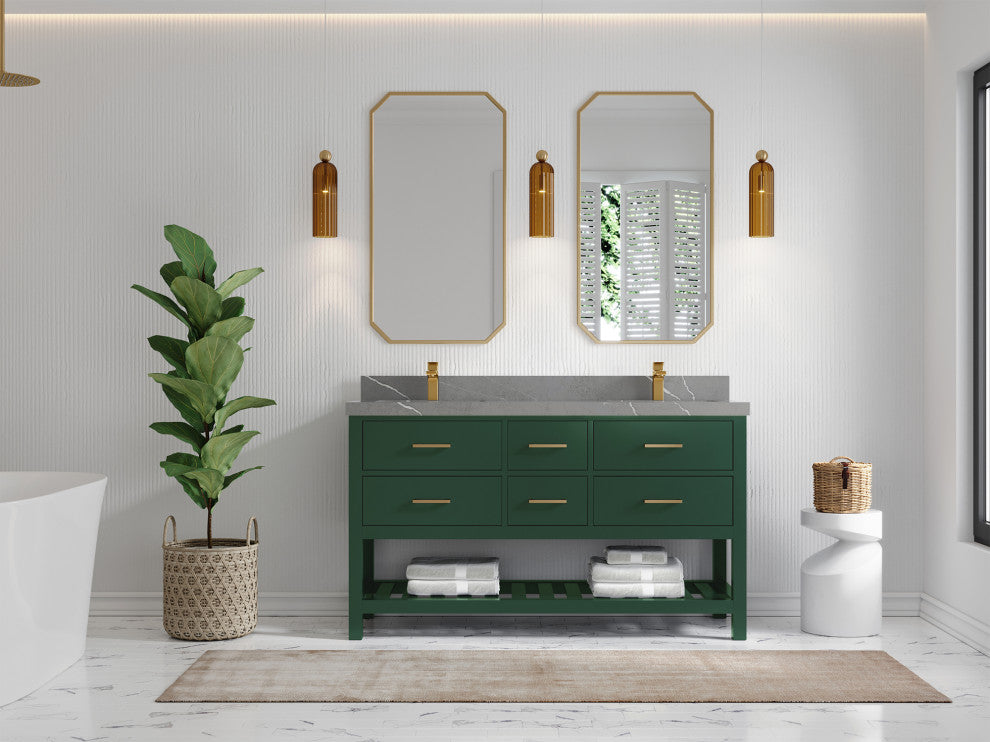 Parker 60 Double Sink Bathroom Vanity in Lafayette Green  2" Piatra Gray