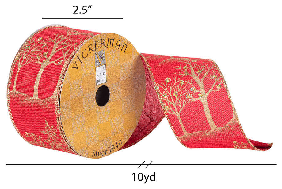Vickerman Q180620 Yard Red Dupion Gold Glitter Trees Christmas Ribbon