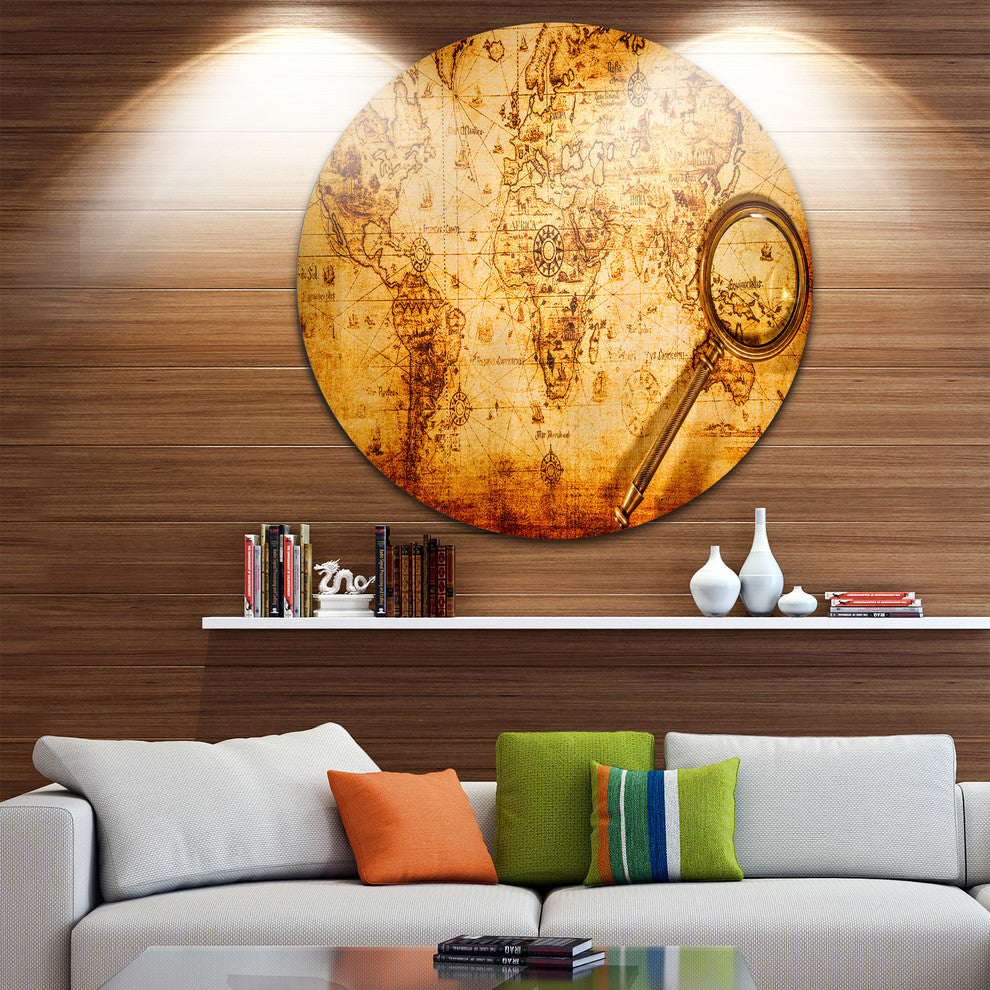 Magnifying Glass On World Map, Digital Round Wall Art, 23"