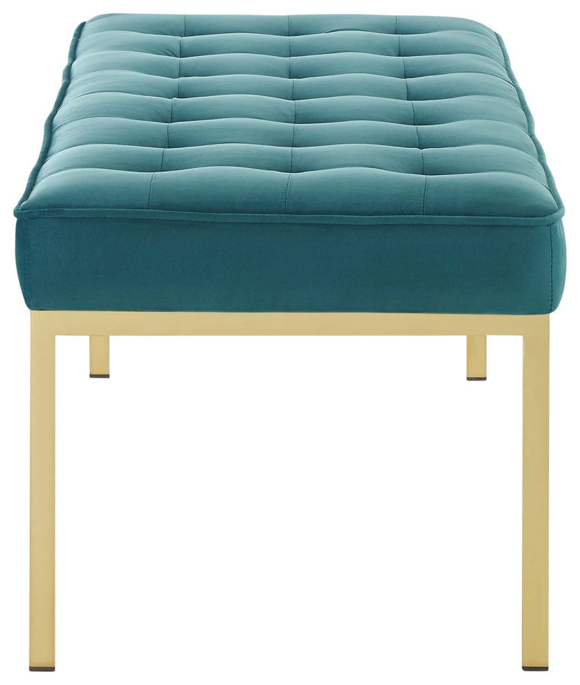 Living Lounge Accent Chair Bench, Velvet Fabric Metal Steel, Gold Aqua Blue
