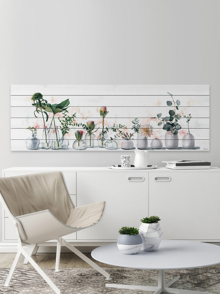 "White Vases" Painting Print on White Wood, 60"x20"