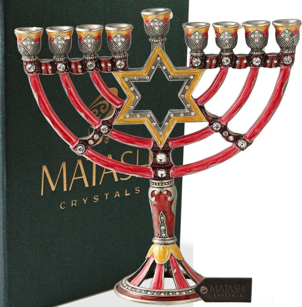 Hand Painted Enamel Menorah Candelabra with a Star of David Design