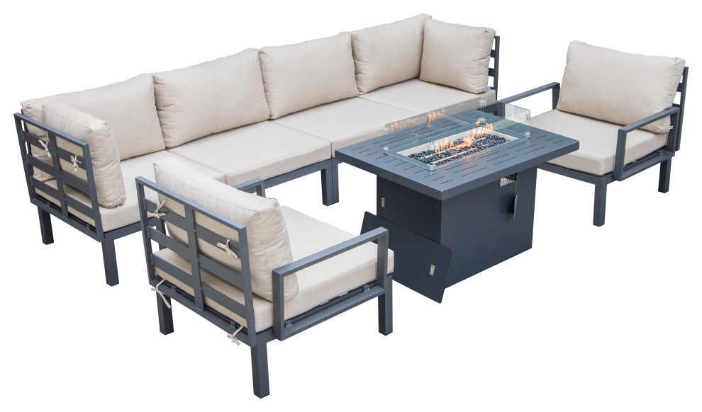 LeisureMod Hamilton 7-Piece Patio Sectional Set With Fire Pit Table, Beige