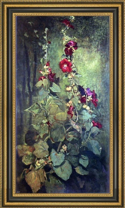 John La Farge Red Hollyhocks Framed Premium Canvas Print, 15"x30"