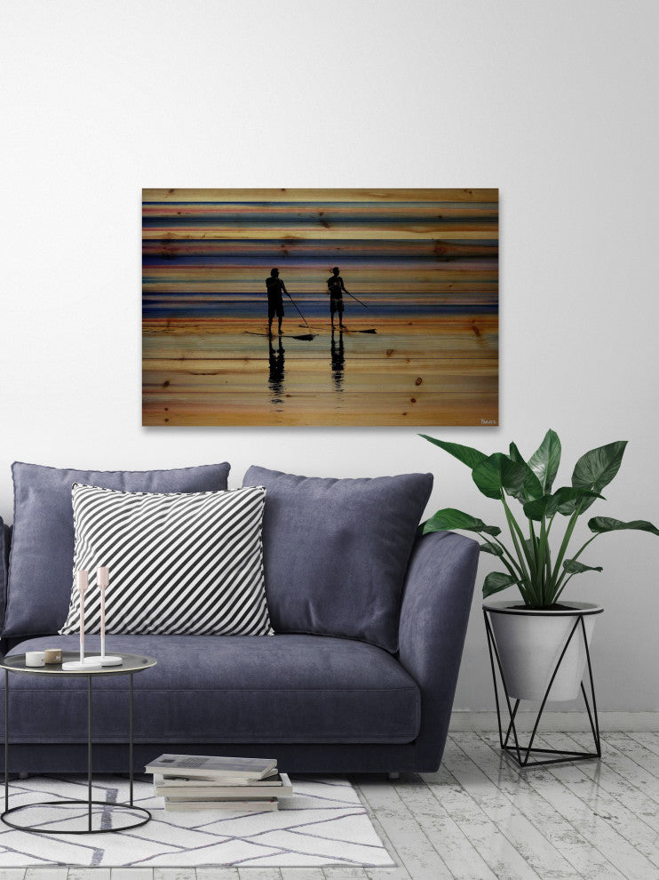 "Beach Surf" Print on Natural Pine Wood, 36"x24"