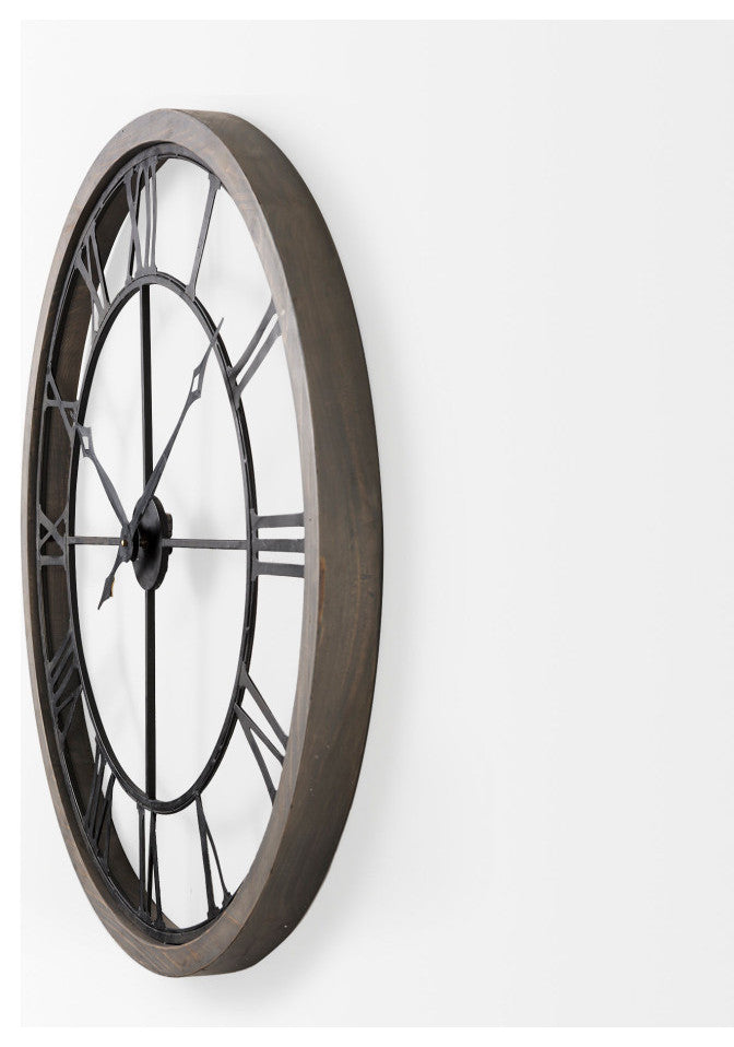 Mething Gray Wood and Black Metal 32" Round Wall Clock