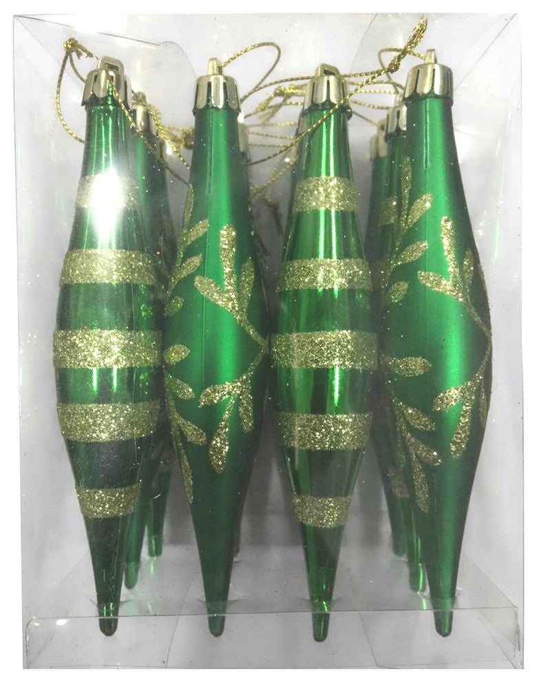 Green Finial Ornament With Snowflake And Line Glitter Design