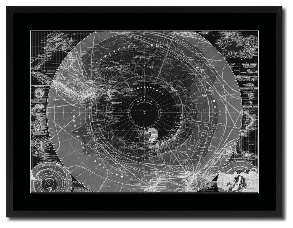 Antarctica South Pole Monochrome Map Print On Canvas With Frame, 28" X 37"
